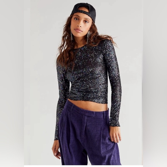 Free People Intimately Gold Rush Long Sleeve Sequin Top Black Combo Size XS NWT - Picture 3 of 9